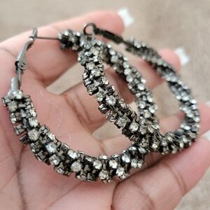 Vintage Hoop Earrings • Black and White Rhinestones • Pierced